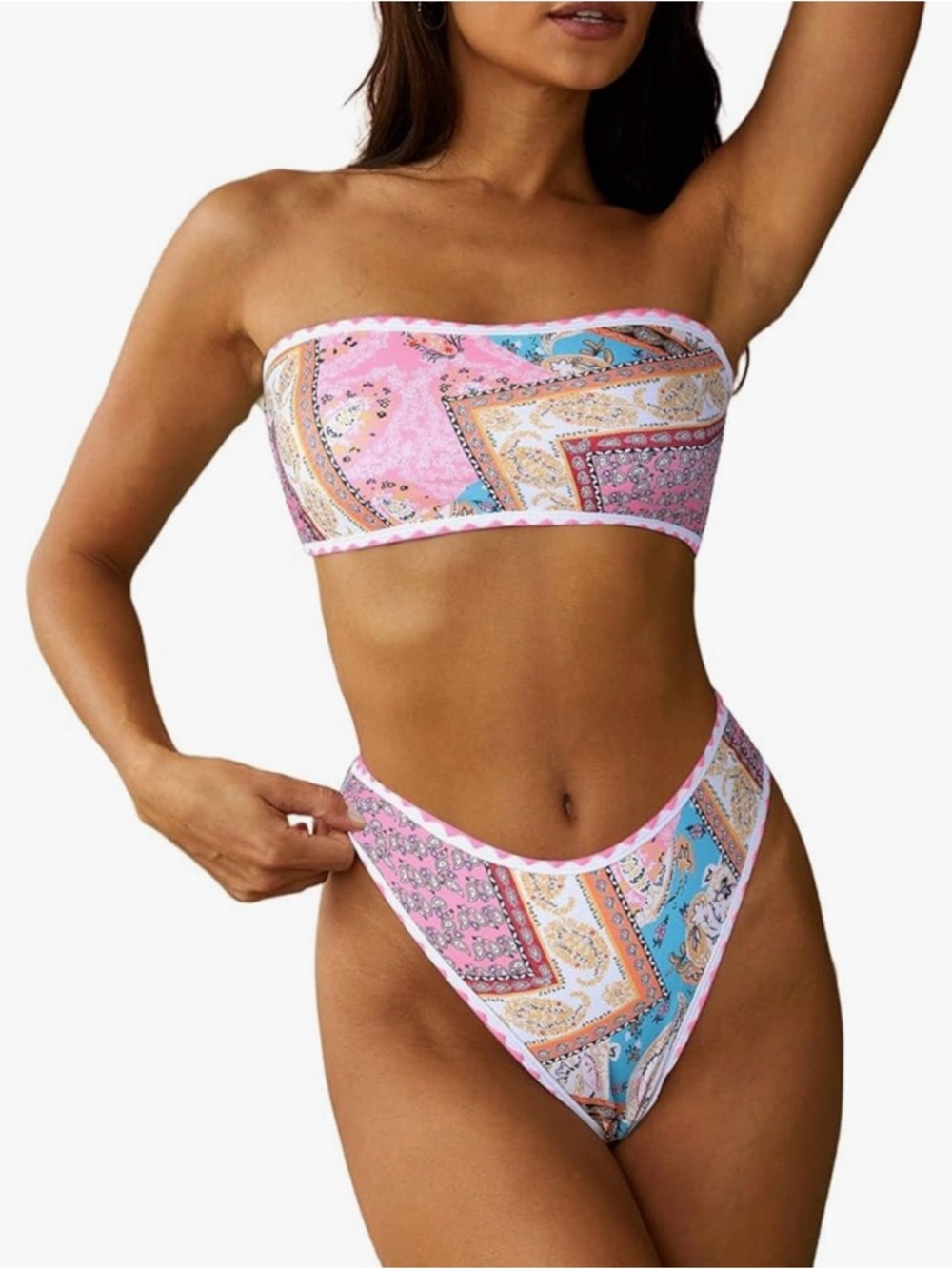 Zaful Pink and Blue Patchwork Bandeau Bikini Set
